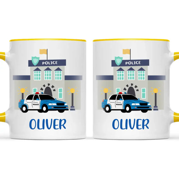 Personalised Police Car Mug - Custom Name Kids Cup - Law Enforcement Theme - Ceramic or Enamel - 11oz, 6oz, or Camping Mug - NZ Made