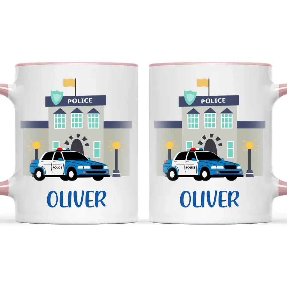 Personalised Police Car Mug - Custom Name Kids Cup - Law Enforcement Theme - Ceramic or Enamel - 11oz, 6oz, or Camping Mug - NZ Made