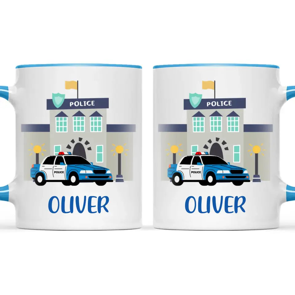 Personalised Police Car Mug - Custom Name Kids Cup - Law Enforcement Theme - Ceramic or Enamel - 11oz, 6oz, or Camping Mug - NZ Made