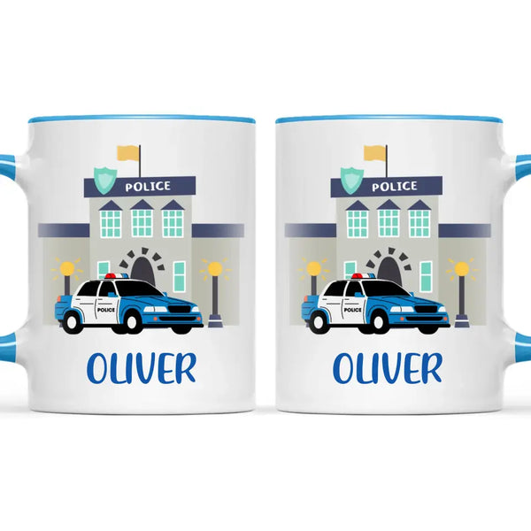 Personalised Police Car Mug - Custom Name Kids Cup - Law Enforcement Theme - Ceramic or Enamel - 11oz, 6oz, or Camping Mug - NZ Made