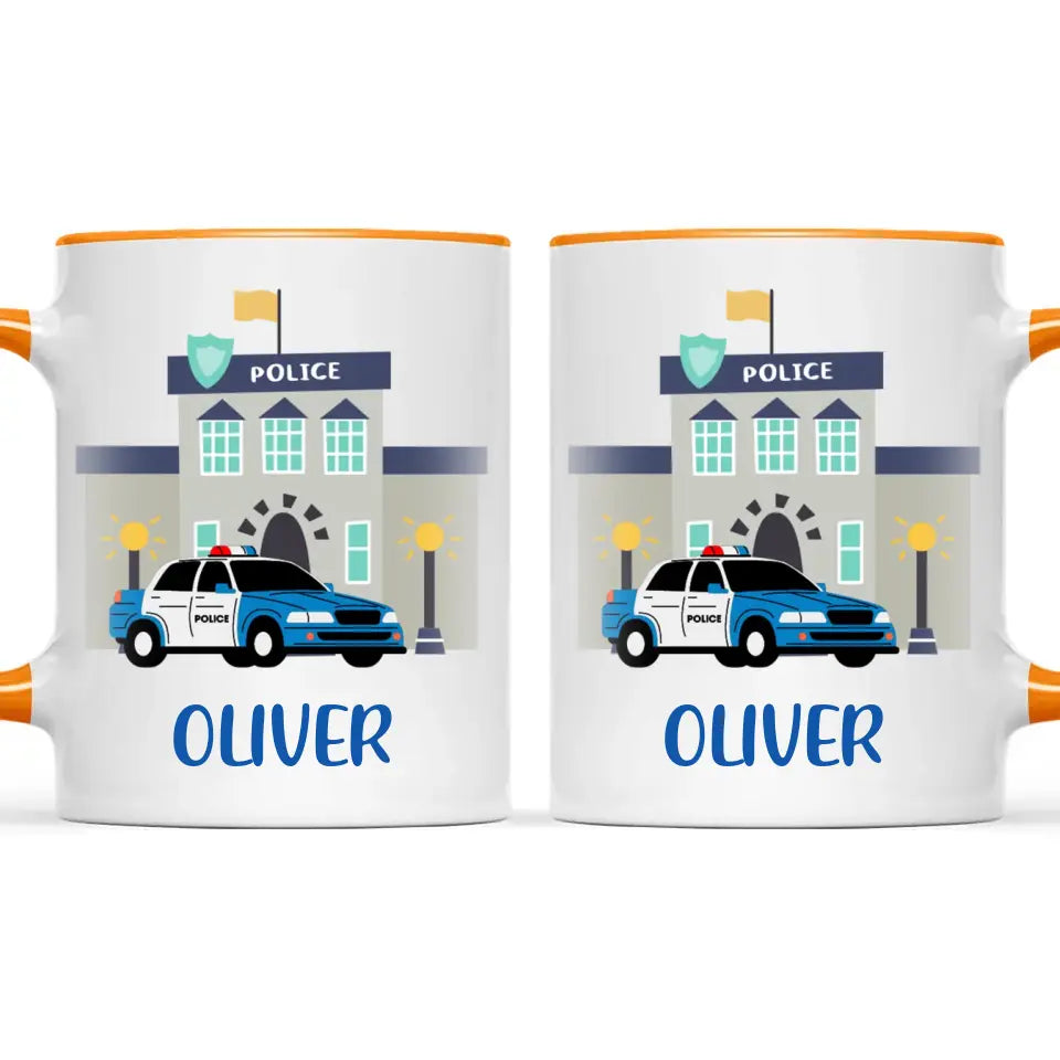 Personalised Police Car Mug - Custom Name Kids Cup - Law Enforcement Theme - Ceramic or Enamel - 11oz, 6oz, or Camping Mug - NZ Made