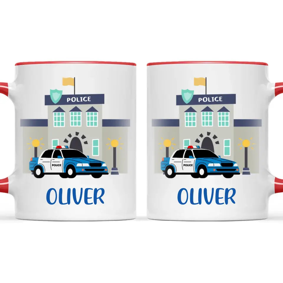 Personalised Police Car Mug - Custom Name Kids Cup - Law Enforcement Theme - Ceramic or Enamel - 11oz, 6oz, or Camping Mug - NZ Made