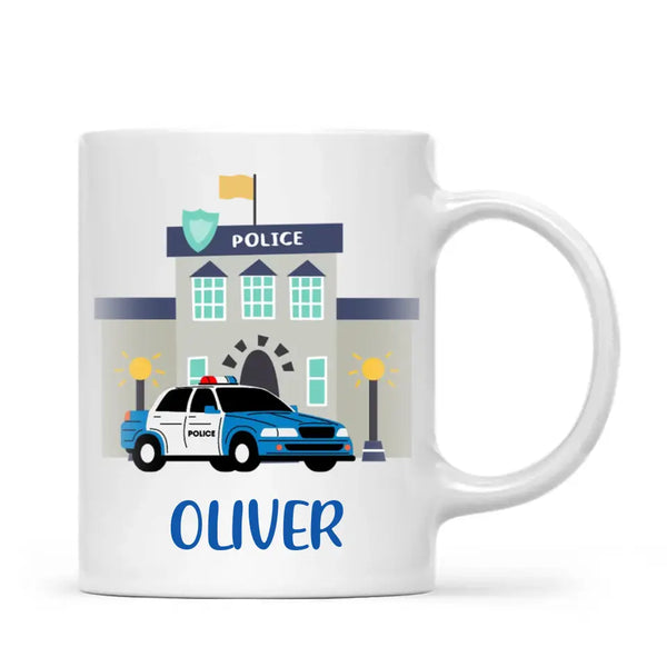 Personalised Police Car Mug - Custom Name Kids Cup - Law Enforcement Theme - Ceramic or Enamel - 11oz, 6oz, or Camping Mug - NZ Made