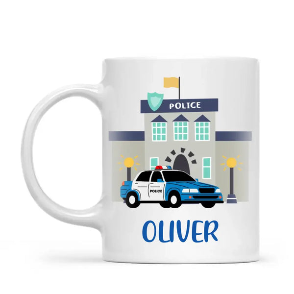 Personalised Police Car Mug - Custom Name Kids Cup - Law Enforcement Theme - Ceramic or Enamel - 11oz, 6oz, or Camping Mug - NZ Made