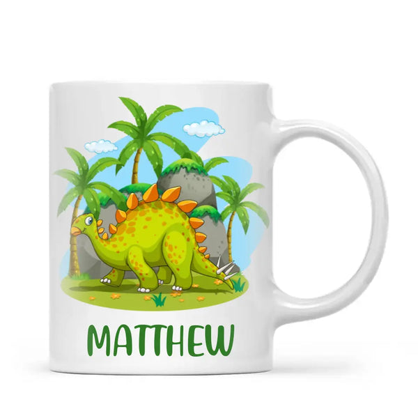 Personalised Stegosaurus Dinosaur Mug - Custom Name Kids Cup - Prehistoric Jungle Theme - Ceramic or Enamel - 11oz, 6oz, or Camping Mug - NZ Made