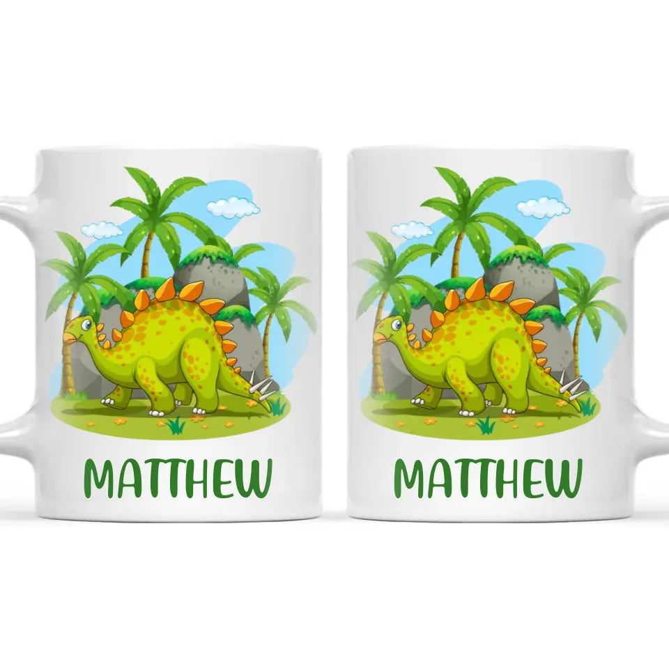 Personalised Stegosaurus Dinosaur Mug - Custom Name Kids Cup - Prehistoric Jungle Theme - Ceramic or Enamel - 11oz, 6oz, or Camping Mug - NZ Made