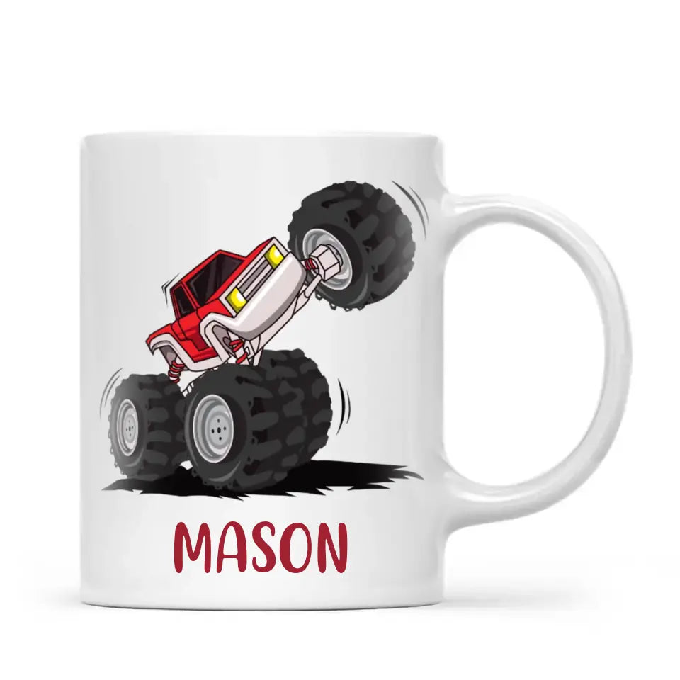 Personalised with Name, Red Monster Truck Kids Mug – Customised Off-Road Big Wheels Cup for Children – Available in 11oz, 6oz & Enamel Options