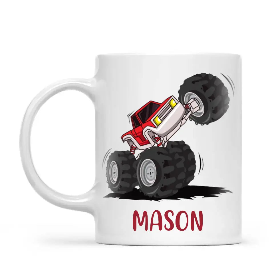 Personalised with Name, Red Monster Truck Kids Mug – Customised Off-Road Big Wheels Cup for Children – Available in 11oz, 6oz & Enamel Options