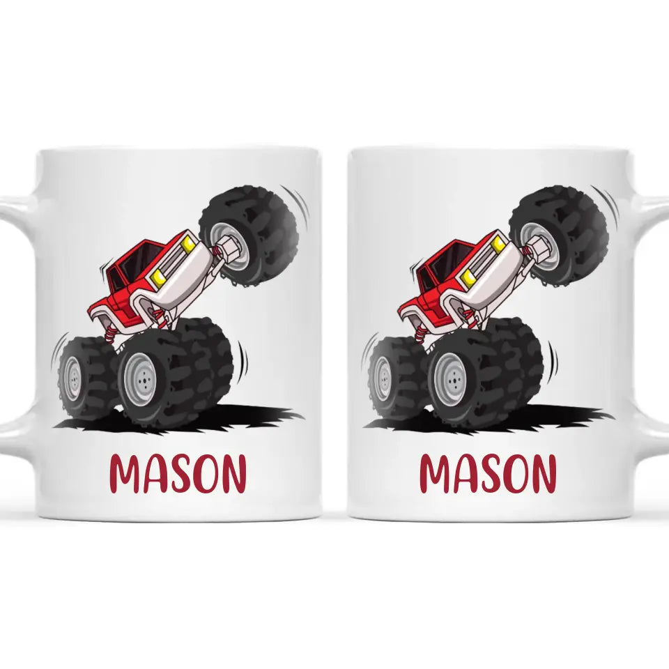 Personalised with Name, Red Monster Truck Kids Mug – Customised Off-Road Big Wheels Cup for Children – Available in 11oz, 6oz & Enamel Options