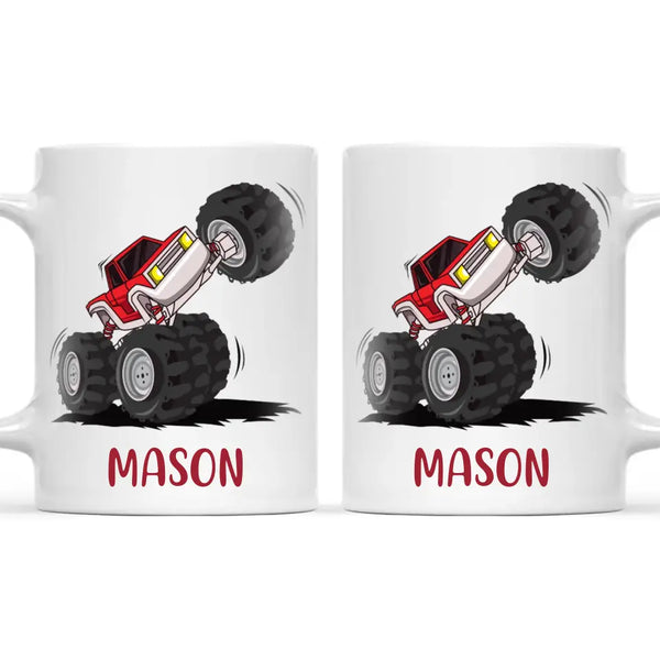 Personalised with Name, Red Monster Truck Kids Mug – Customised Off-Road Big Wheels Cup for Children – Available in 11oz, 6oz & Enamel Options