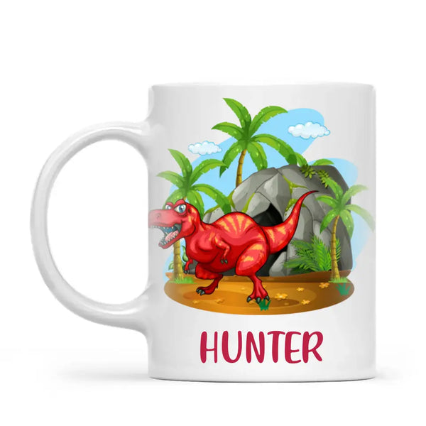 Personalised T-Rex Dinosaur Mug - Custom Name Kids Cup - Prehistoric Jungle Theme - Ceramic or Enamel - 11oz, 6oz, or Camping Mug - NZ Made
