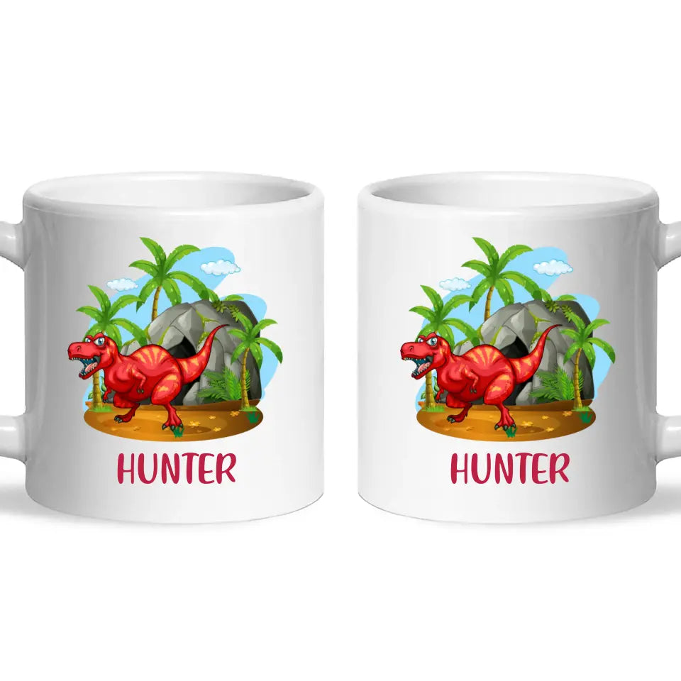 Personalised T-Rex Dinosaur Mug - Custom Name Kids Cup - Prehistoric Jungle Theme - Ceramic or Enamel - 11oz, 6oz, or Camping Mug - NZ Made