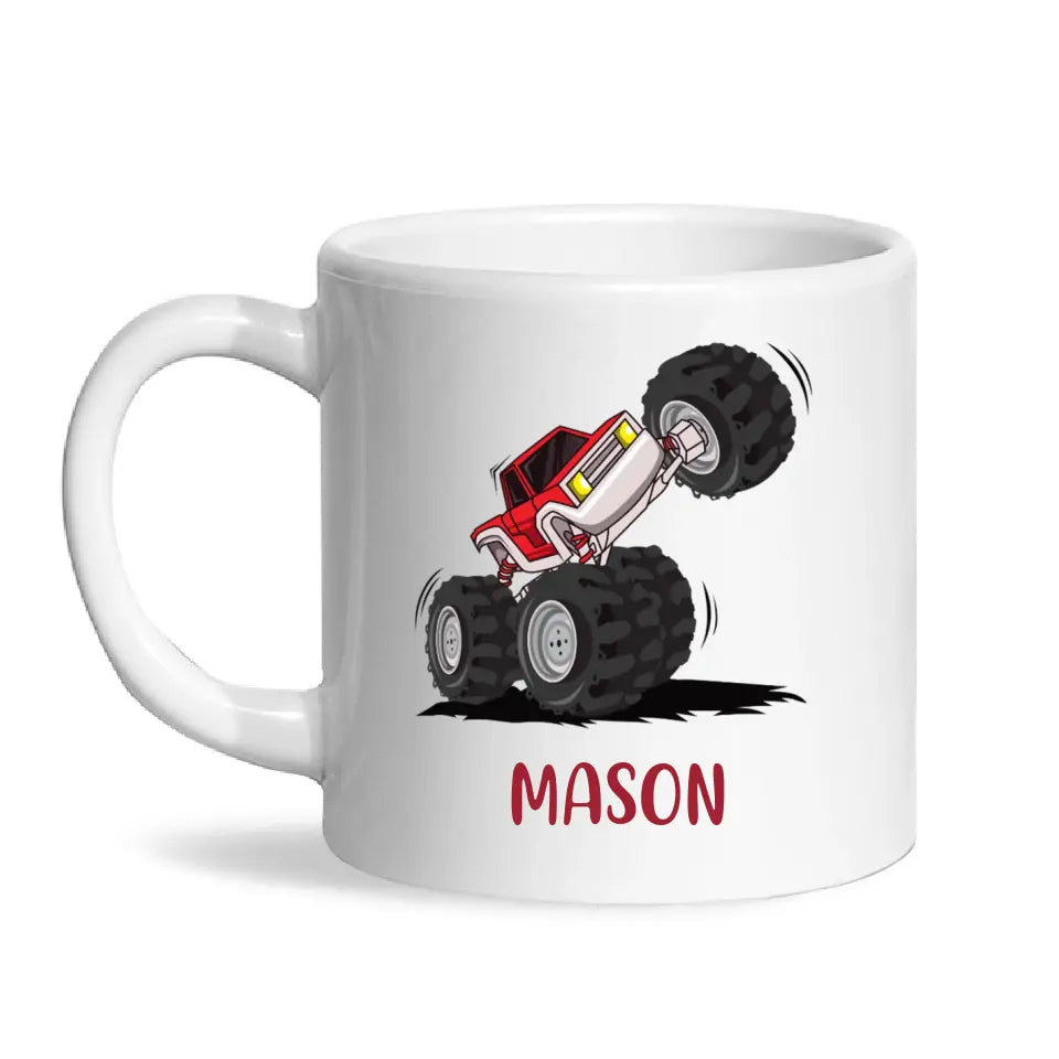Personalised with Name, Red Monster Truck Kids Mug – Customised Off-Road Big Wheels Cup for Children – Available in 11oz, 6oz & Enamel Options