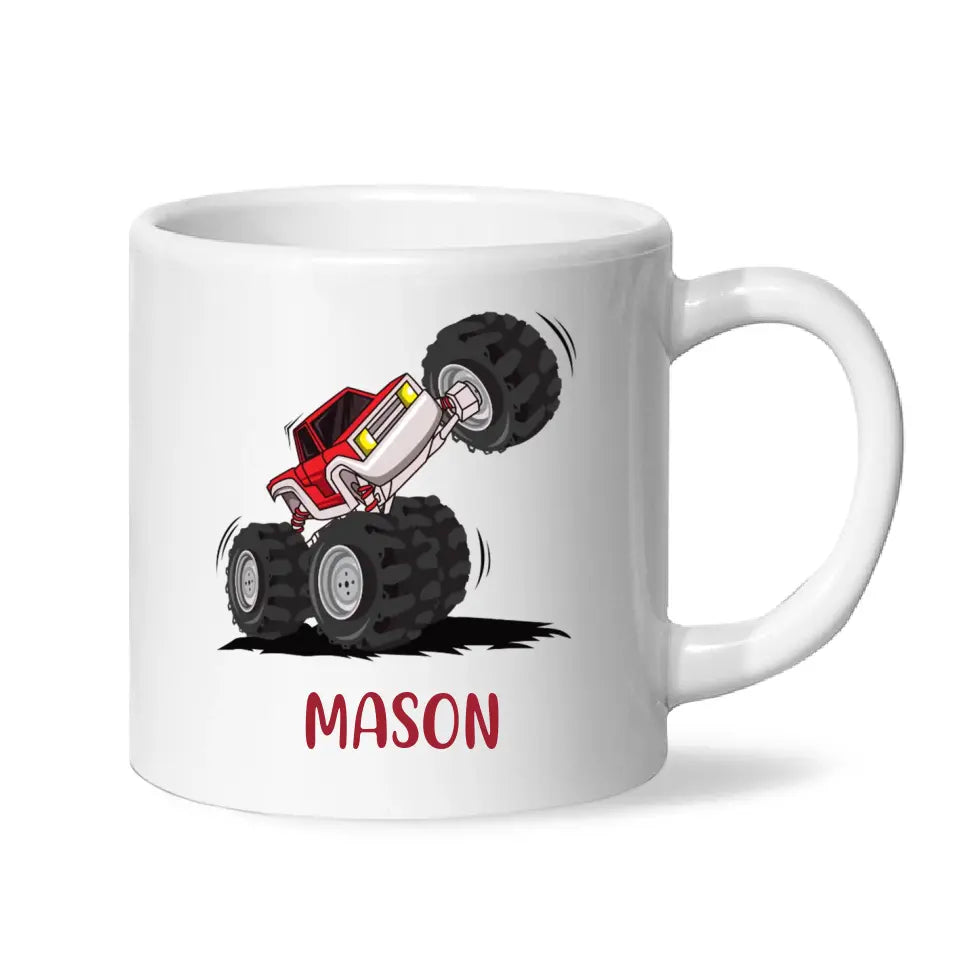 Personalised with Name, Red Monster Truck Kids Mug – Customised Off-Road Big Wheels Cup for Children – Available in 11oz, 6oz & Enamel Options