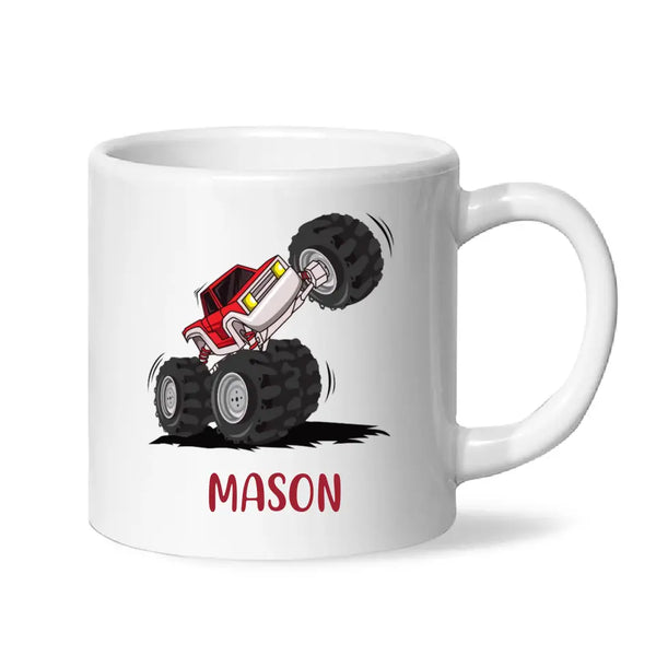 Personalised with Name, Red Monster Truck Kids Mug – Customised Off-Road Big Wheels Cup for Children – Available in 11oz, 6oz & Enamel Options