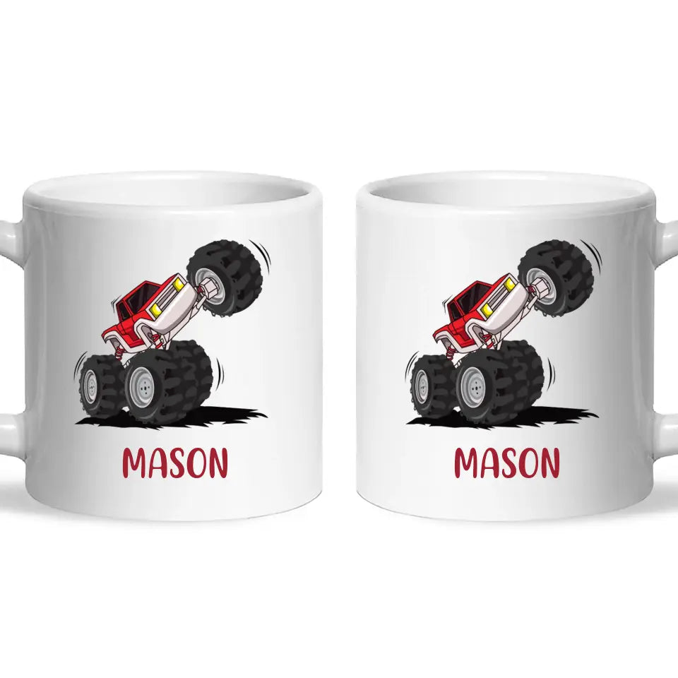 Personalised with Name, Red Monster Truck Kids Mug – Customised Off-Road Big Wheels Cup for Children – Available in 11oz, 6oz & Enamel Options