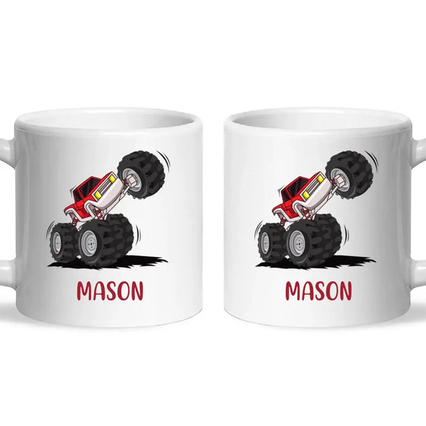 Personalised with Name, Red Monster Truck Kids Mug – Customised Off-Road Big Wheels Cup for Children – Available in 11oz, 6oz & Enamel Options