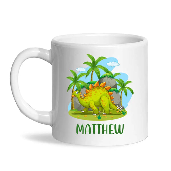 Personalised Stegosaurus Dinosaur Mug - Custom Name Kids Cup - Prehistoric Jungle Theme - Ceramic or Enamel - 11oz, 6oz, or Camping Mug - NZ Made