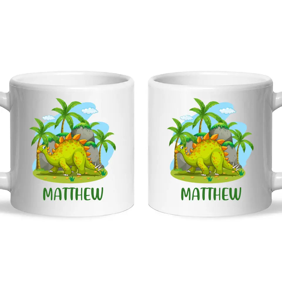 Personalised Stegosaurus Dinosaur Mug - Custom Name Kids Cup - Prehistoric Jungle Theme - Ceramic or Enamel - 11oz, 6oz, or Camping Mug - NZ Made