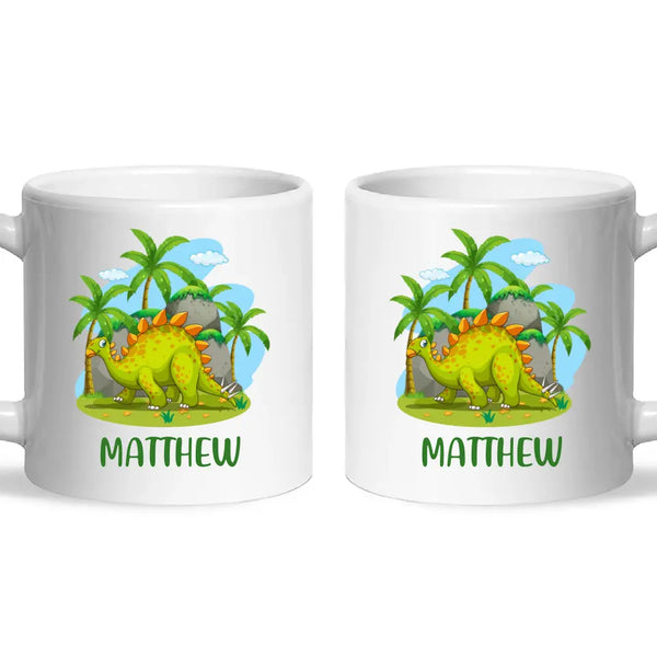 Personalised Stegosaurus Dinosaur Mug - Custom Name Kids Cup - Prehistoric Jungle Theme - Ceramic or Enamel - 11oz, 6oz, or Camping Mug - NZ Made