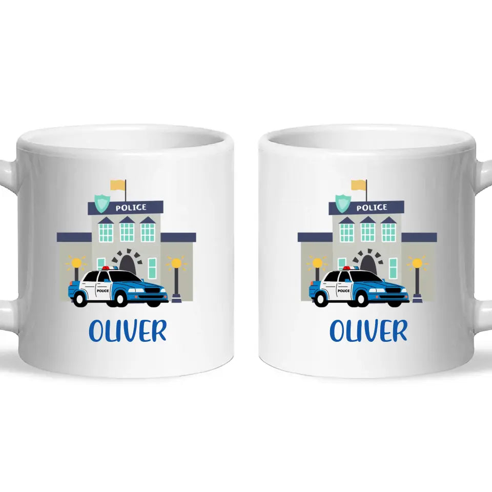 Personalised Police Car Mug - Custom Name Kids Cup - Law Enforcement Theme - Ceramic or Enamel - 11oz, 6oz, or Camping Mug - NZ Made