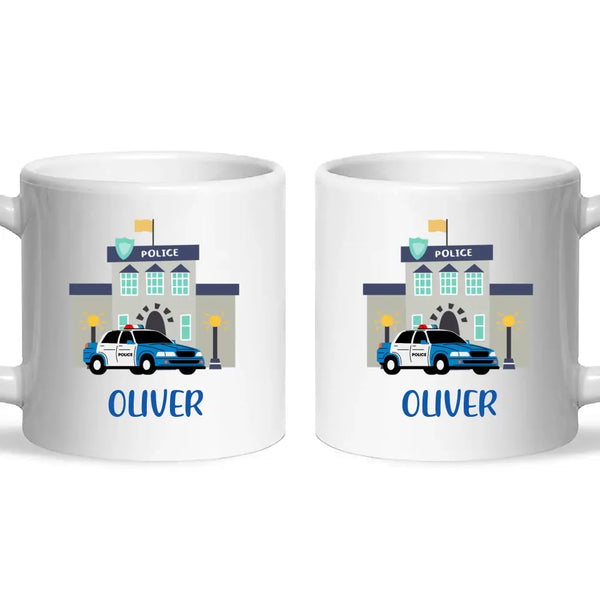 Personalised Police Car Mug - Custom Name Kids Cup - Law Enforcement Theme - Ceramic or Enamel - 11oz, 6oz, or Camping Mug - NZ Made