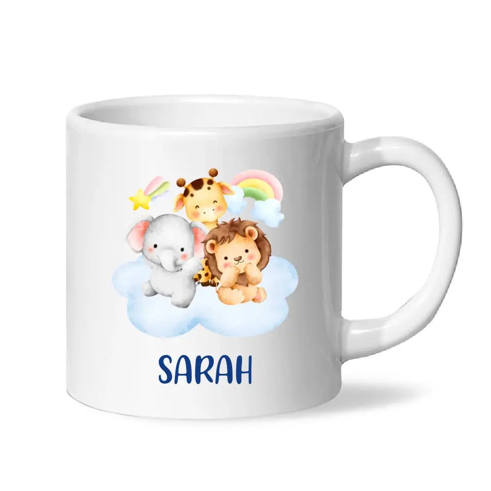 Personalised Safari Animals Mug - Custom Name Kids Cup - Cute Jungle Friends Theme - Ceramic or Enamel - 11oz, 6oz, or Camping Mug - NZ Made