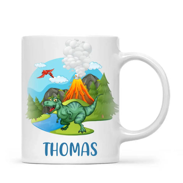 Personalised T-Rex Dinosaur Mug - Custom Name Kids Cup - Prehistoric Volcano Theme - Ceramic or Enamel - 11oz, 6oz, or Camping Mug - NZ Made