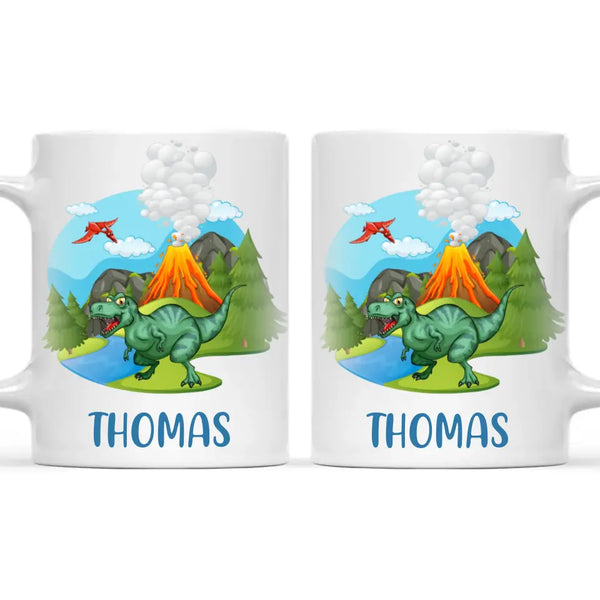 Personalised T-Rex Dinosaur Mug - Custom Name Kids Cup - Prehistoric Volcano Theme - Ceramic or Enamel - 11oz, 6oz, or Camping Mug - NZ Made