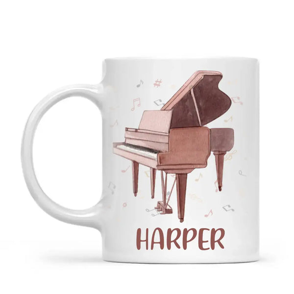 Personalised Piano Mug - Custom Name Kids Cup - Music Lover Gift - Grand Piano Theme - Ceramic or Enamel - 11oz, 6oz, or Camping Mug - NZ Made