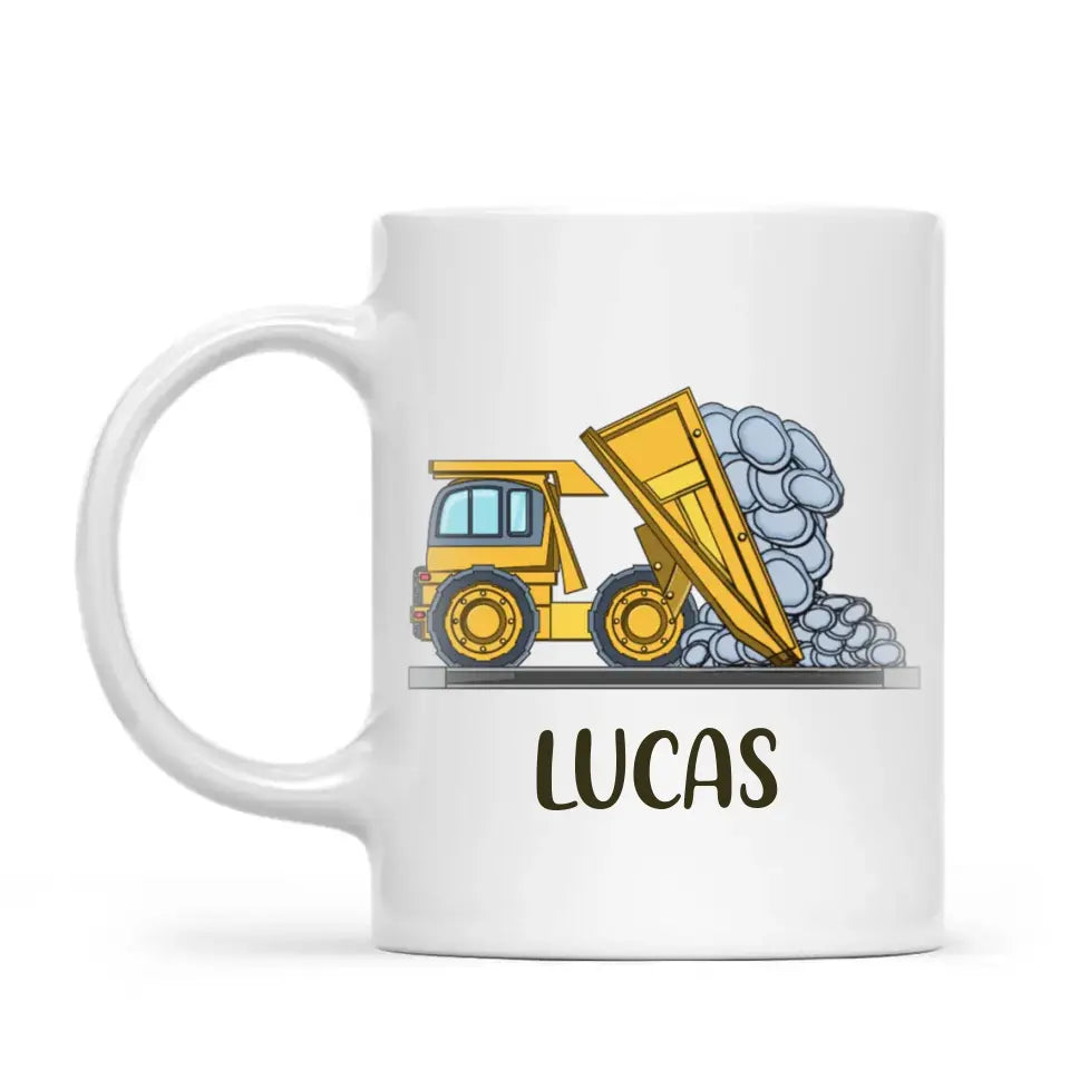 Personalised Dump Truck Mug - Custom Name Kids Cup - Construction Vehicle Theme - Ceramic or Enamel - 11oz, 6oz, or Camping Mug - NZ Made