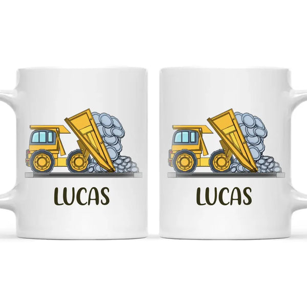 Personalised Dump Truck Mug - Custom Name Kids Cup - Construction Vehicle Theme - Ceramic or Enamel - 11oz, 6oz, or Camping Mug - NZ Made
