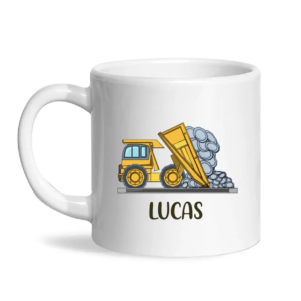Personalised Dump Truck Mug - Custom Name Kids Cup - Construction Vehicle Theme - Ceramic or Enamel - 11oz, 6oz, or Camping Mug - NZ Made