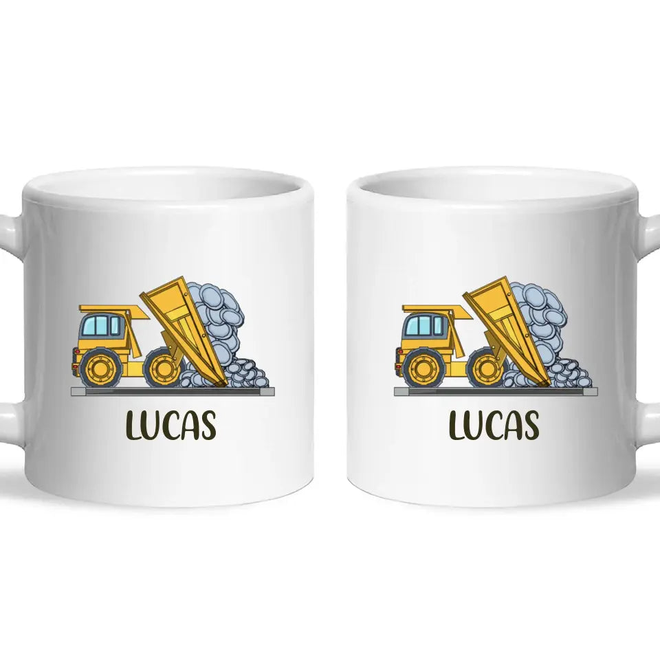 Personalised Dump Truck Mug - Custom Name Kids Cup - Construction Vehicle Theme - Ceramic or Enamel - 11oz, 6oz, or Camping Mug - NZ Made