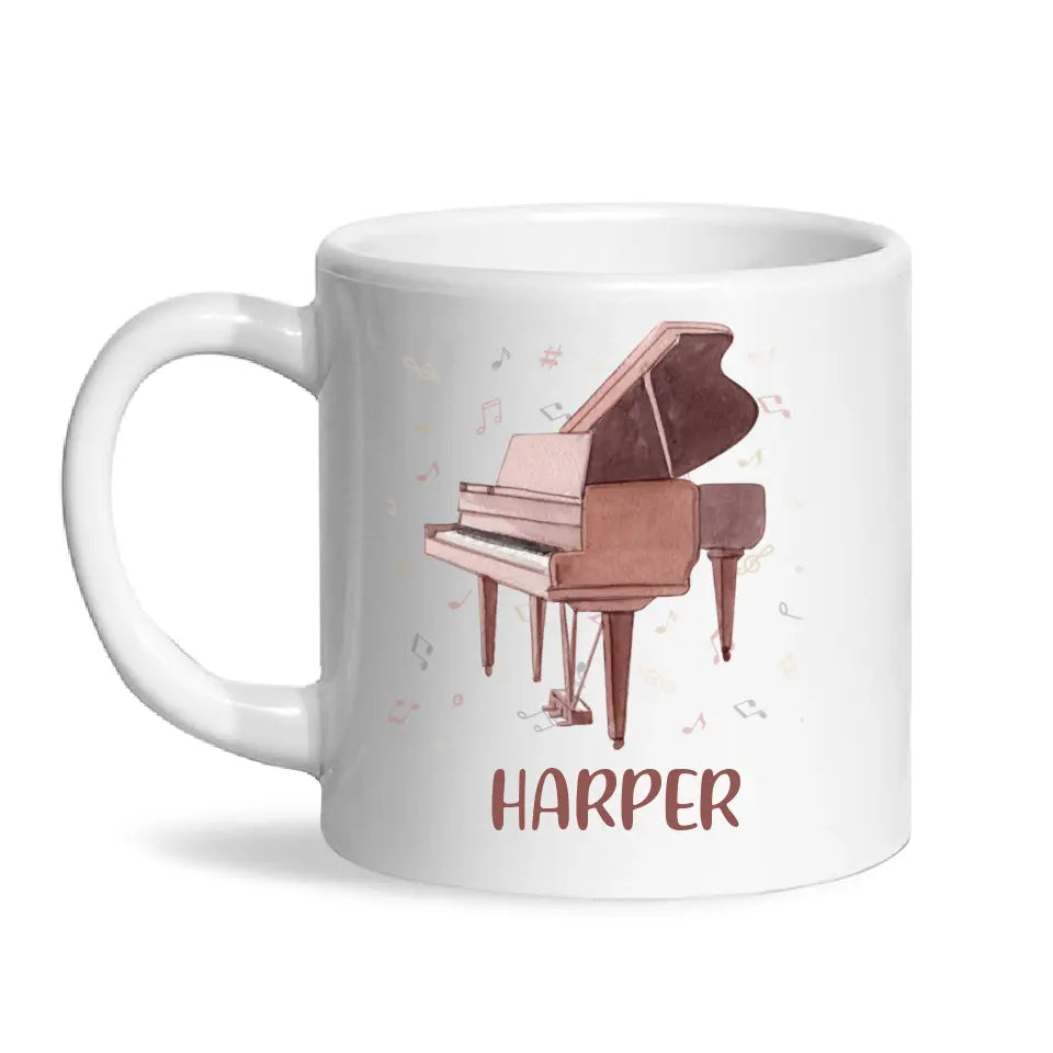 Personalised Piano Mug - Custom Name Kids Cup - Music Lover Gift - Grand Piano Theme - Ceramic or Enamel - 11oz, 6oz, or Camping Mug - NZ Made