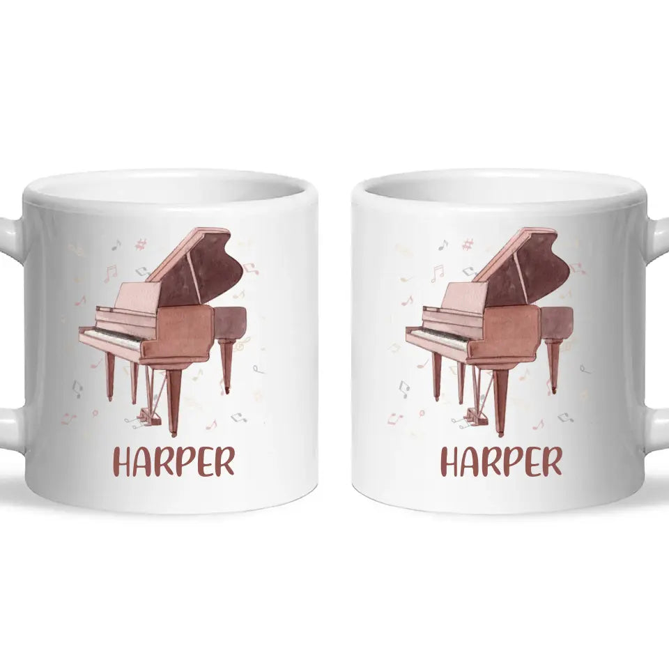 Personalised Piano Mug - Custom Name Kids Cup - Music Lover Gift - Grand Piano Theme - Ceramic or Enamel - 11oz, 6oz, or Camping Mug - NZ Made