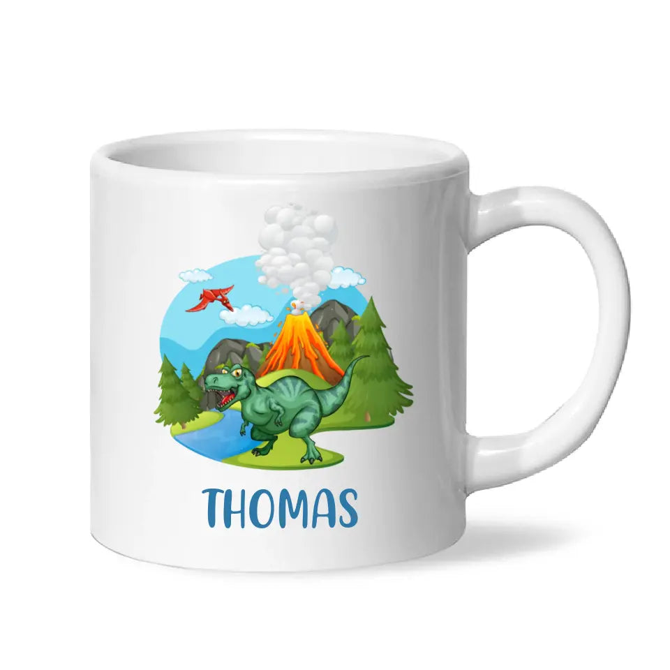 Personalised T-Rex Dinosaur Mug - Custom Name Kids Cup - Prehistoric Volcano Theme - Ceramic or Enamel - 11oz, 6oz, or Camping Mug - NZ Made
