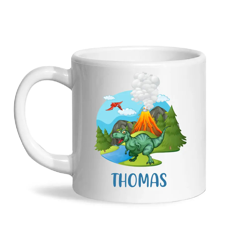 Personalised T-Rex Dinosaur Mug - Custom Name Kids Cup - Prehistoric Volcano Theme - Ceramic or Enamel - 11oz, 6oz, or Camping Mug - NZ Made
