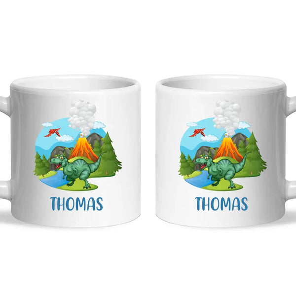 Personalised T-Rex Dinosaur Mug - Custom Name Kids Cup - Prehistoric Volcano Theme - Ceramic or Enamel - 11oz, 6oz, or Camping Mug - NZ Made