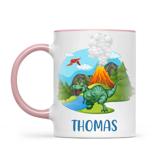Personalised T-Rex Dinosaur Mug - Custom Name Kids Cup - Prehistoric Volcano Theme - Ceramic or Enamel - 11oz, 6oz, or Camping Mug - NZ Made