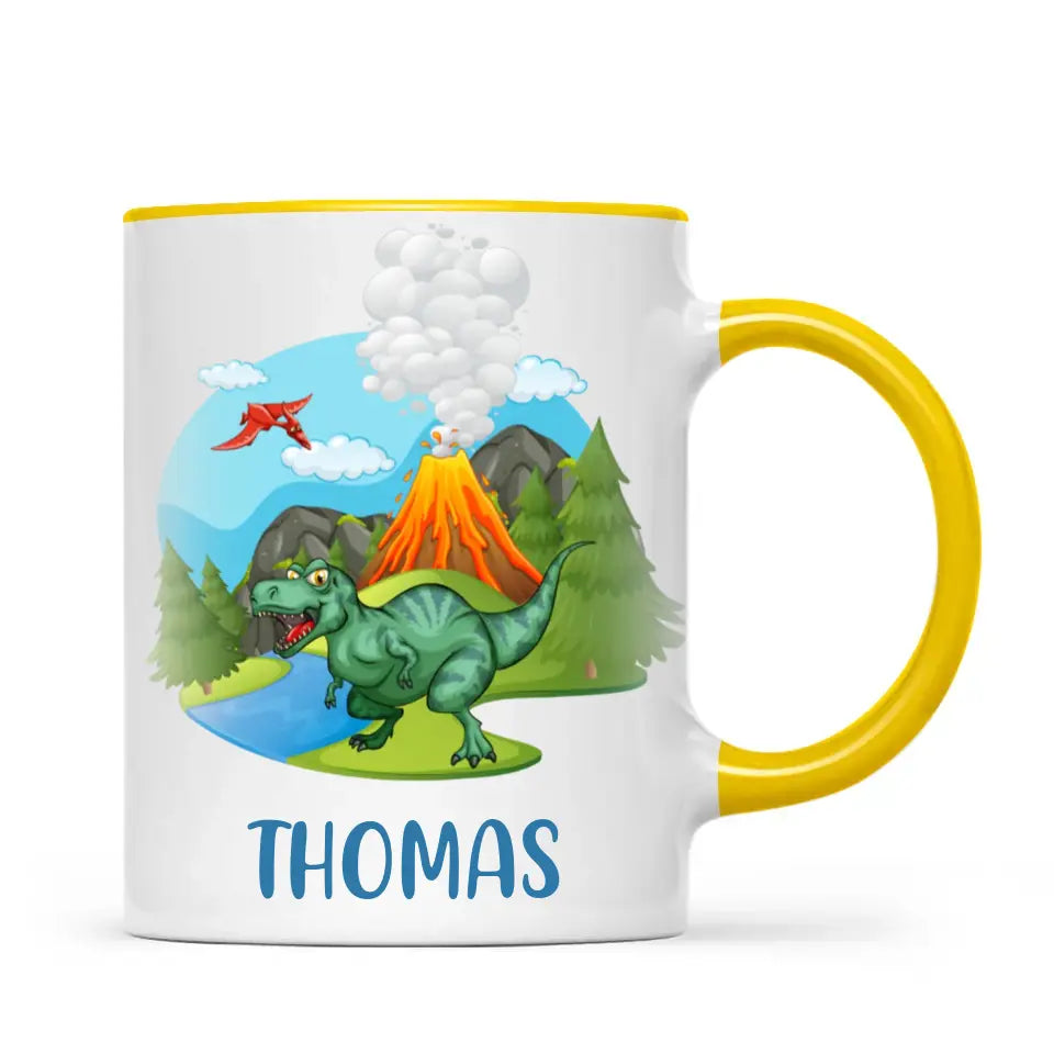 Personalised T-Rex Dinosaur Mug - Custom Name Kids Cup - Prehistoric Volcano Theme - Ceramic or Enamel - 11oz, 6oz, or Camping Mug - NZ Made