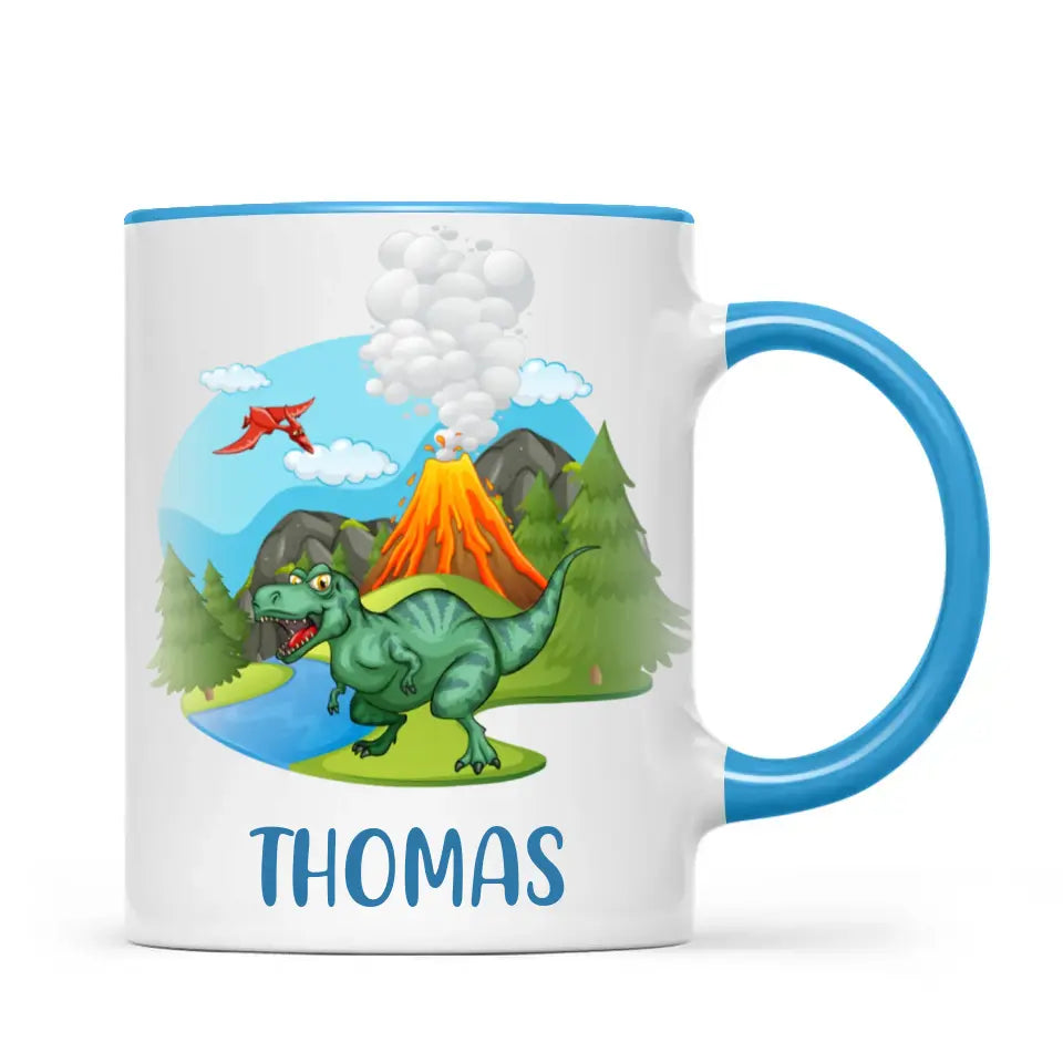 Personalised T-Rex Dinosaur Mug - Custom Name Kids Cup - Prehistoric Volcano Theme - Ceramic or Enamel - 11oz, 6oz, or Camping Mug - NZ Made