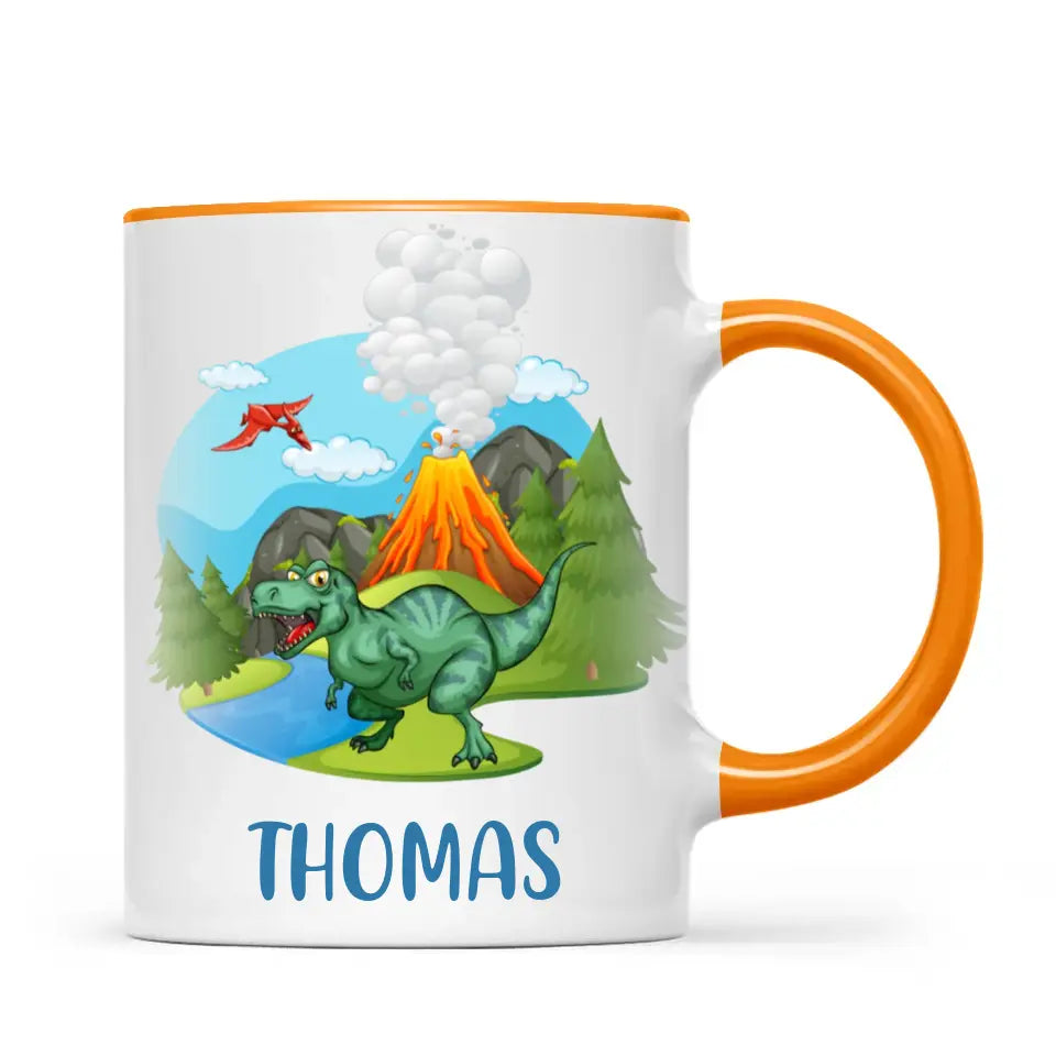 Personalised T-Rex Dinosaur Mug - Custom Name Kids Cup - Prehistoric Volcano Theme - Ceramic or Enamel - 11oz, 6oz, or Camping Mug - NZ Made
