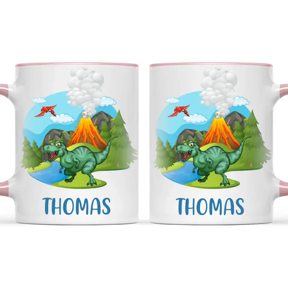 Personalised T-Rex Dinosaur Mug - Custom Name Kids Cup - Prehistoric Volcano Theme - Ceramic or Enamel - 11oz, 6oz, or Camping Mug - NZ Made