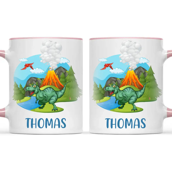 Personalised T-Rex Dinosaur Mug - Custom Name Kids Cup - Prehistoric Volcano Theme - Ceramic or Enamel - 11oz, 6oz, or Camping Mug - NZ Made