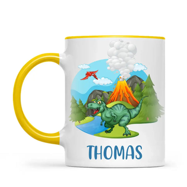 Personalised T-Rex Dinosaur Mug - Custom Name Kids Cup - Prehistoric Volcano Theme - Ceramic or Enamel - 11oz, 6oz, or Camping Mug - NZ Made
