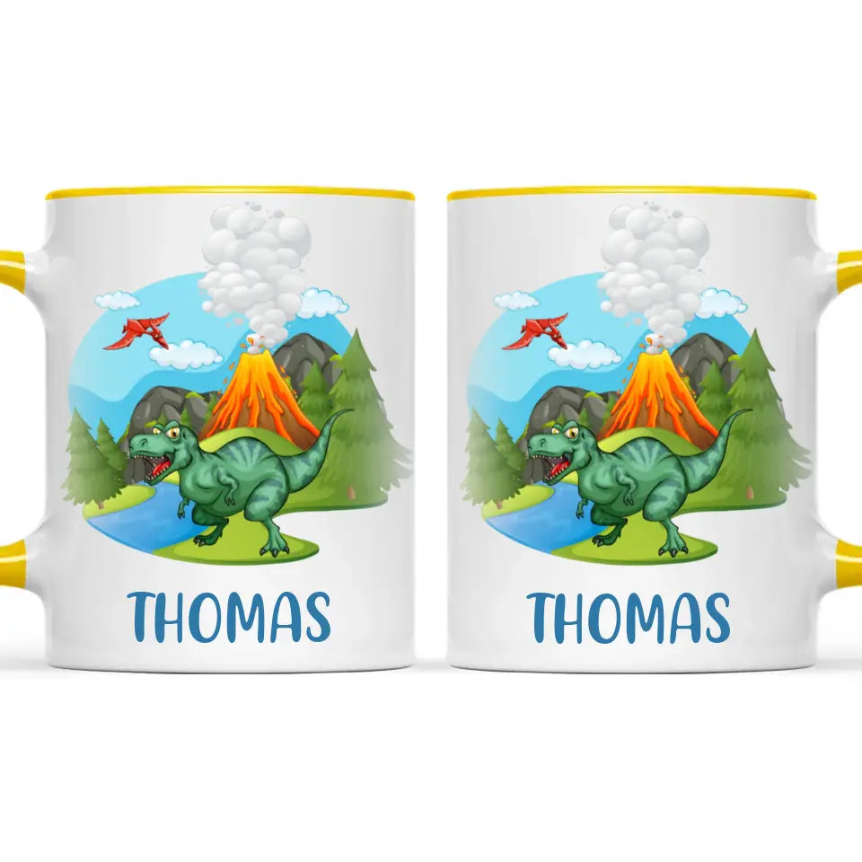 Personalised T-Rex Dinosaur Mug - Custom Name Kids Cup - Prehistoric Volcano Theme - Ceramic or Enamel - 11oz, 6oz, or Camping Mug - NZ Made