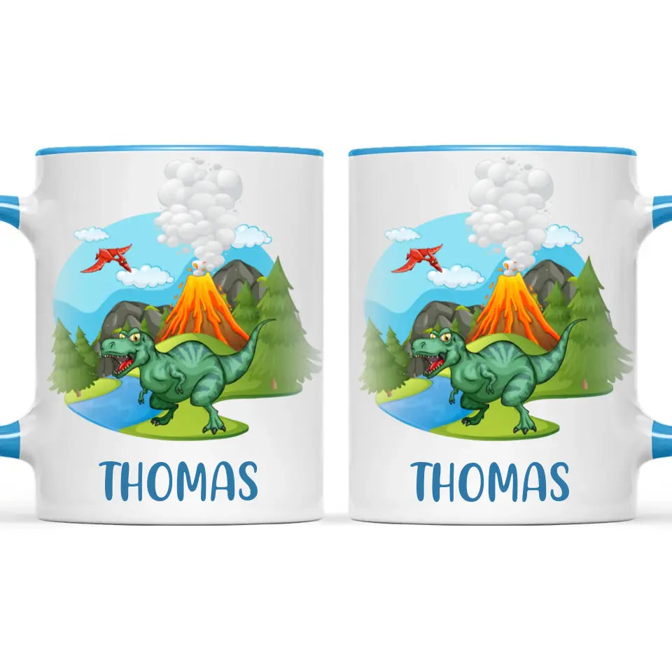Personalised T-Rex Dinosaur Mug - Custom Name Kids Cup - Prehistoric Volcano Theme - Ceramic or Enamel - 11oz, 6oz, or Camping Mug - NZ Made
