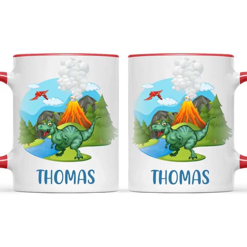 Personalised T-Rex Dinosaur Mug - Custom Name Kids Cup - Prehistoric Volcano Theme - Ceramic or Enamel - 11oz, 6oz, or Camping Mug - NZ Made