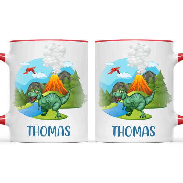 Personalised T-Rex Dinosaur Mug - Custom Name Kids Cup - Prehistoric Volcano Theme - Ceramic or Enamel - 11oz, 6oz, or Camping Mug - NZ Made